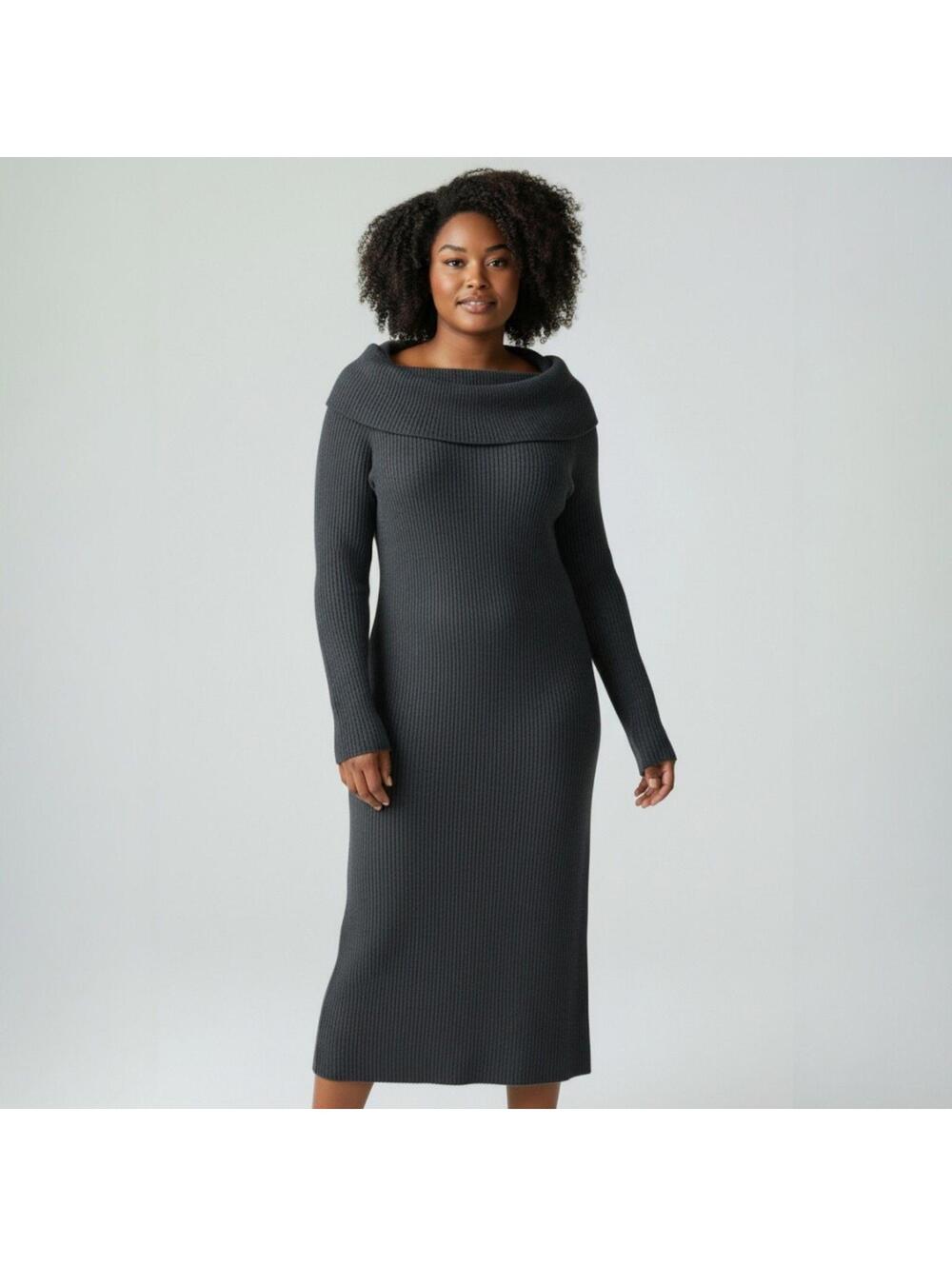 Say What Women's Black Cowl Neck Ribbed Knit Bodycon Long Sleeve Sweater Dress L